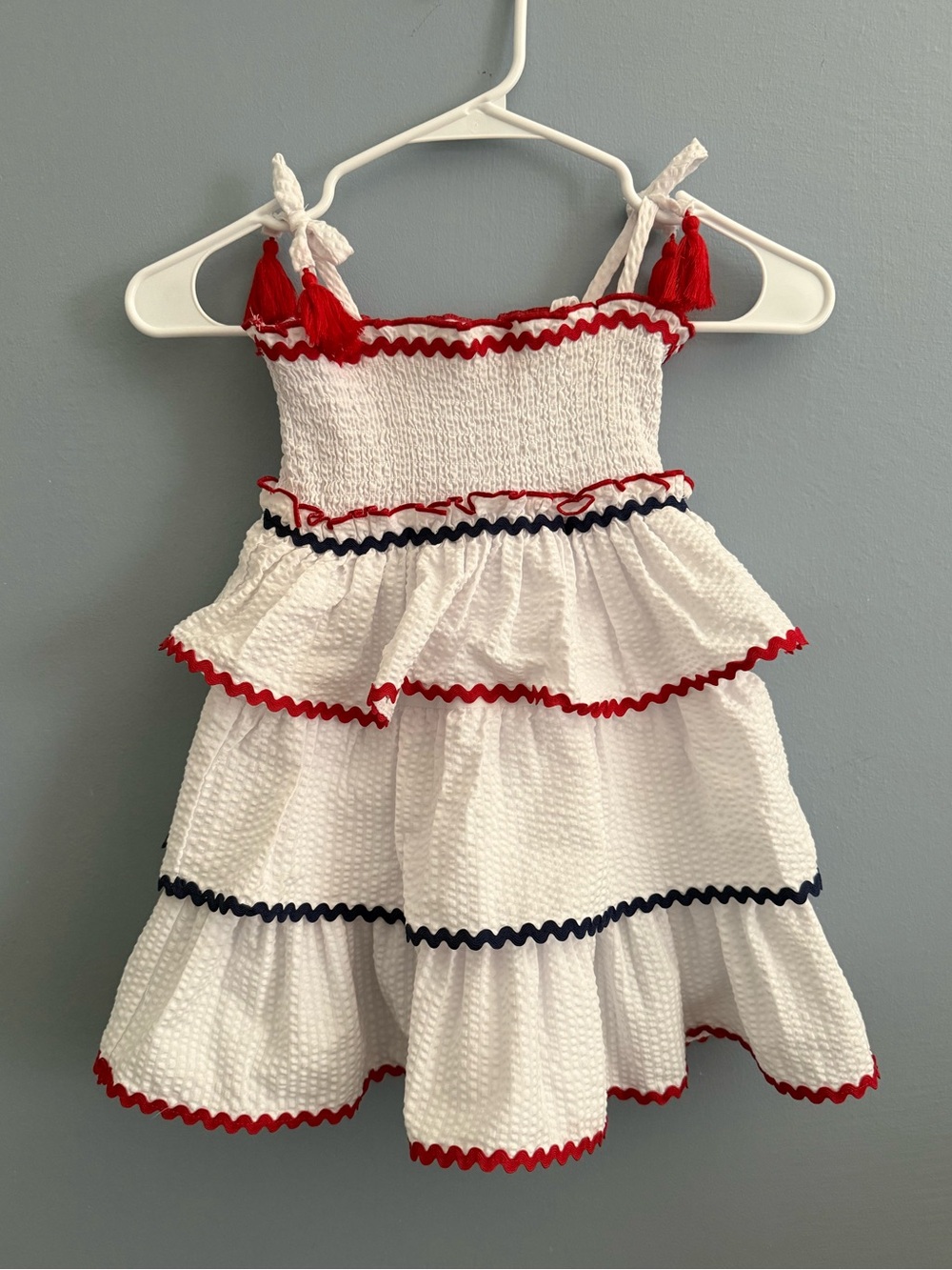 Iris & Ivy Americana White Smocked Tiered Dress with Ric-rac Trim